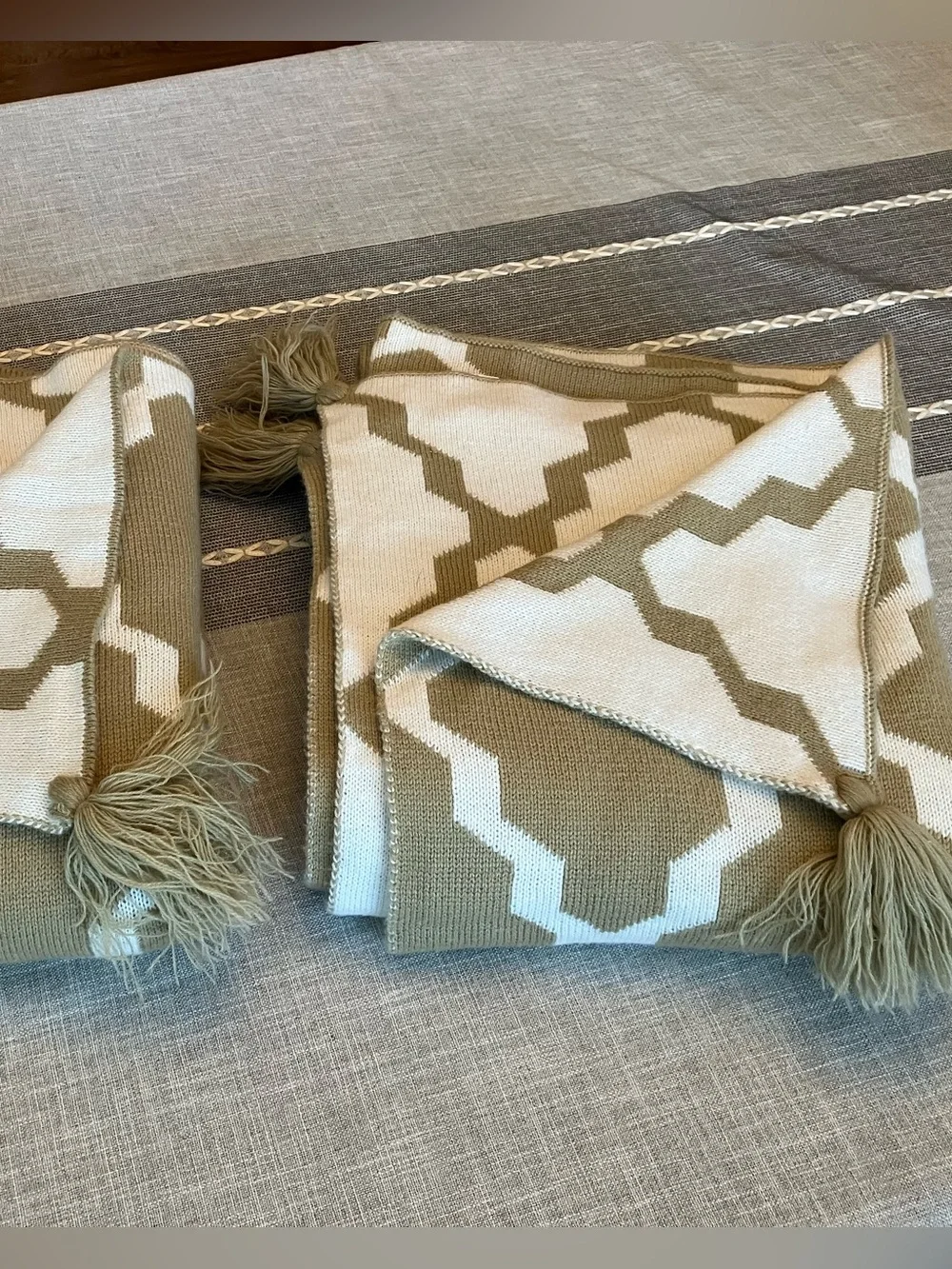 Pottery Barn Camel & Ivory Geometric Knit Throw Blanket